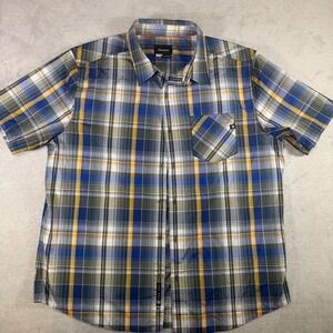 Marmot Mens XL Plaid Short Sleeve Button Down Hiking Shirt Blue Yellow J43400
